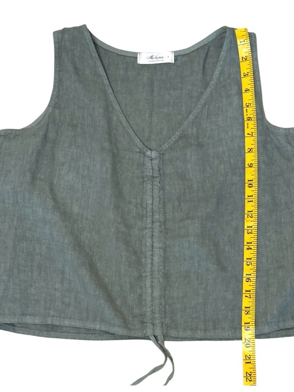 Mahina 100% Linen Tank Top M Sage Green Ruched Front Drawstring Italian Linen - Picture 8 of 9